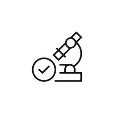 Microscope and check mark icon. Clinically tested, lab tested, approve, quality, scientific studies concepts. Vector line icon