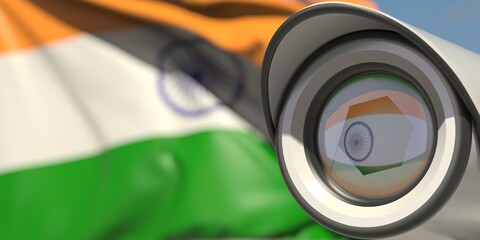 Surveillance camera and flag of India. National security system concept. 3D rendering