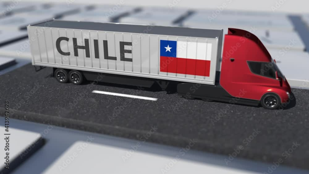 Aufkleber truck with flag of chile moves on the keyboard key. export or import related looping 3d animation