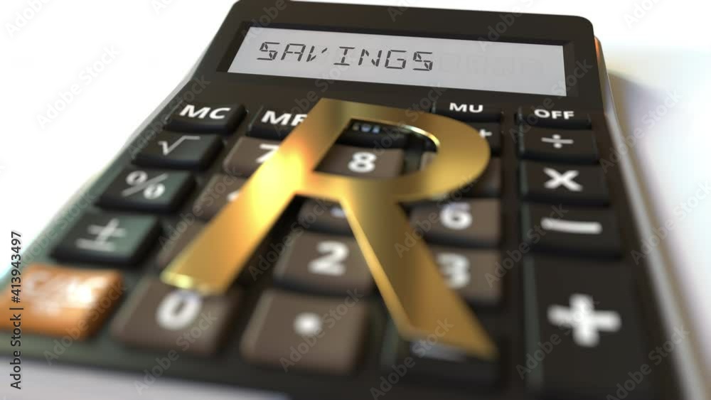 Poster savings text on calculator display and rand money symbol. financial concept. 3d animation