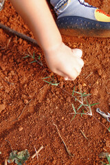 the boy's hand was playing on the dirty ground