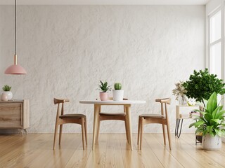Modern dining room interior design with white plaster wall.