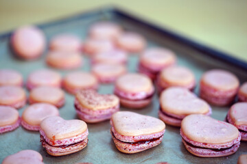 Pink heart homemade macaron cookies filled with raspberry jam on parchment paper on a baking sheet