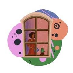 Young ladie looking through window while windowsill at home. Hand drawn colored illustrations. Stay at home