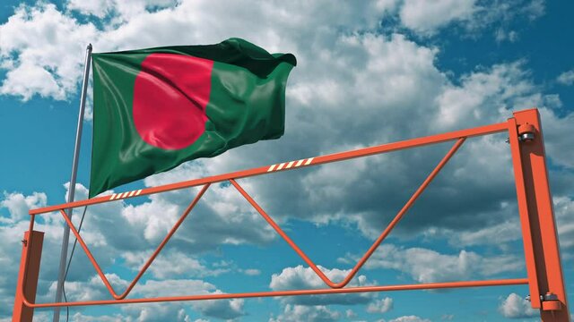 Swing arm road barrier and flag of Bangladesh, entry ban related 3d animation