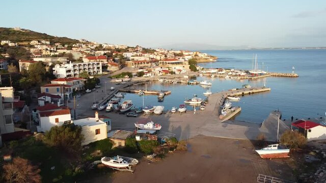 Aerial view of Agia Ermioni's port in Chios Island, Greece at the Golden Hour