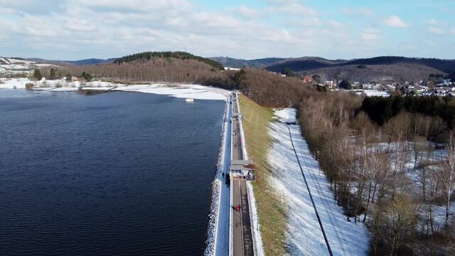 Flight over Lake Bostalsee in Germany on a winters day - aerial view