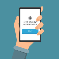 Covid-19 online passport system vector flat illustration. Hand holding smartphone with mark of immunity from Coronavirus. Document allowing to travel around the world after Coronavirus outbreak.