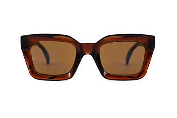 Brown colored bold square horn rimmed sunglasses with brown matte lenses and thick frames isolated on white background. Front view.