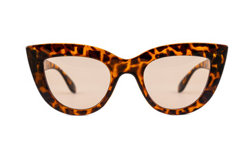 Brown bold leopard textured cat eye sunglasses with clear lenses and thick frames isolated on white background. Front view.