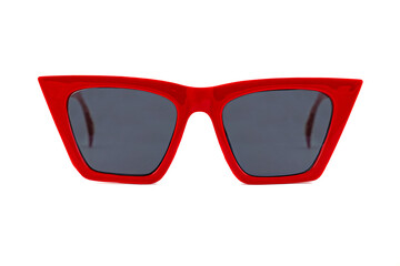 Red bold square wayfarer horn rimmed sunglasses with blue matte lenses and thick frames isolated on...