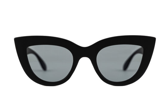 Black bold cat eye sunglasses with clear lenses and thick frames isolated on white background. Front view.
