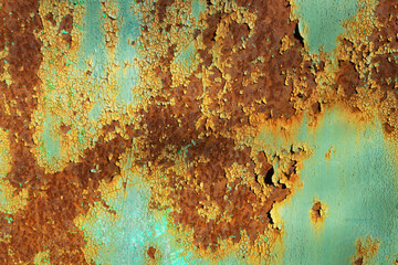 a piece of blue iron wall, from which the paint has peeled off, and the damaged metal is visible