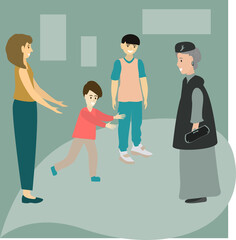 Granny arrived. Happy family moments. Mom and children joyfully meet grandmother. Vector illustration.