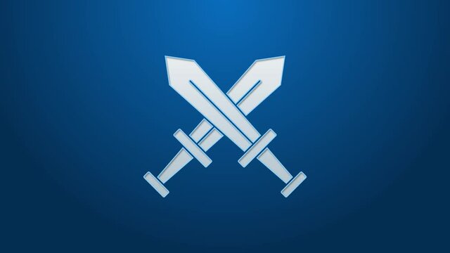 White line Crossed medieval sword icon isolated on blue background. Medieval weapon. 4K Video motion graphic animation.