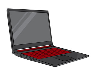 Black laptop with red keyboard on a white background. Online education.