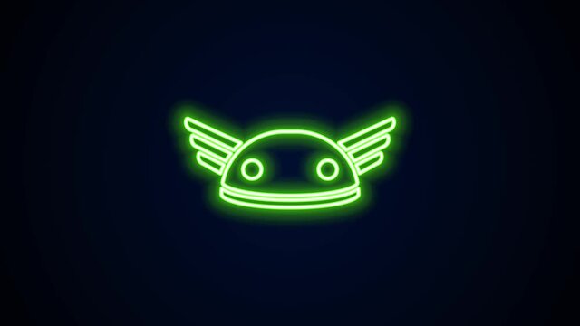 Glowing neon line Helmet with wings icon isolated on black background. Greek god Hermes. 4K Video motion graphic animation.