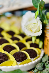 white flower and chocolate truffle,  condensed milk candy balls, chocolate truffles, brigadeiro, chocolate sprinkles, chocolate candy,  candy balls, sweets table
