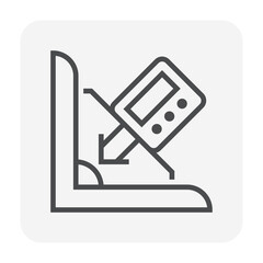 Welding inspection check or testing vector icon. Consist of metal workpiece, fillet and measurement gauge tool. To measure dimension, length, size, depth, thickness and location of weld. 64x64 pixel.