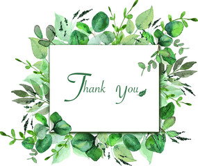 Watercolor of green leaves with thank you word in rectangular space frame, illustration vector green nature background concept