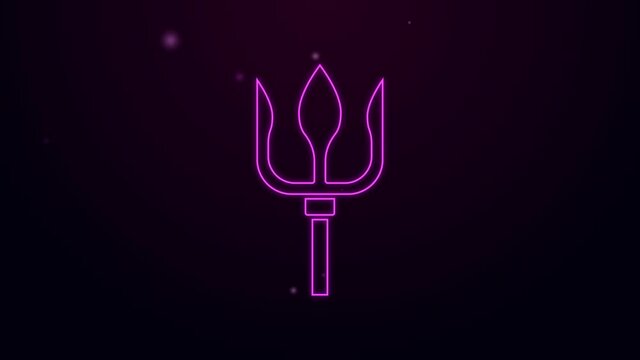 Glowing neon line Neptune Trident icon isolated on black background. 4K Video motion graphic animation.