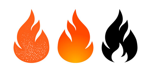 Fire, flame. Red flame in abstract style on white background. Flat fire collection set. Modern art isolated graphic. Fire sign. Vector Illustration