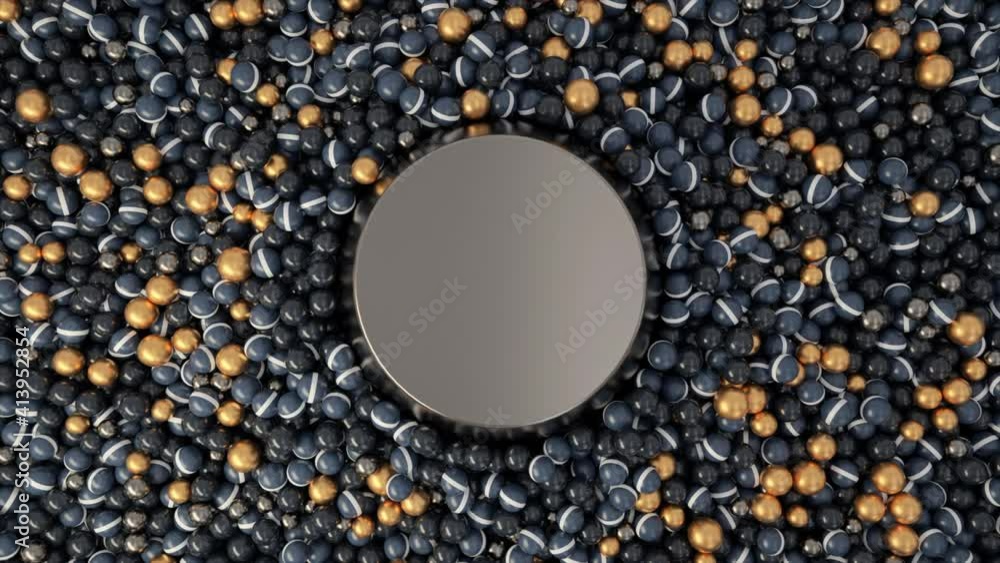 Poster top view of abstract colorful falling balls into the pool. animation. golden small spheres being mix