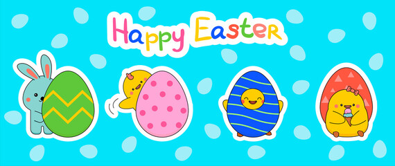 Fototapeta premium Easter cute funny chicks and bunny stickers set in cartoon style. Vector.