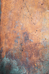 Vintage background old rusty metal sheet close-up, rough textured surface of very rusted iron, red-brown rusty color