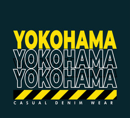 Vector graphic of lettering Yokohama with yellow fill color and white stroke isolated on dark background. Perfect for t-shirts design, clothing, hoodies, poster etc. Editable stroke.
