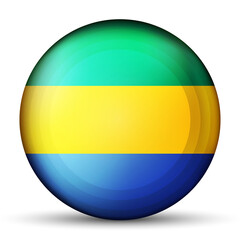 Glass light ball with flag of Gabon. Round sphere, template icon. National symbol. Glossy realistic ball, 3D abstract vector illustration highlighted on a white background. Big bubble.