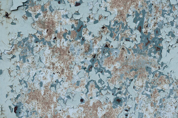 Close-up old plywood with cracked peeling blue paint, vintage background, outdoor weathered material.