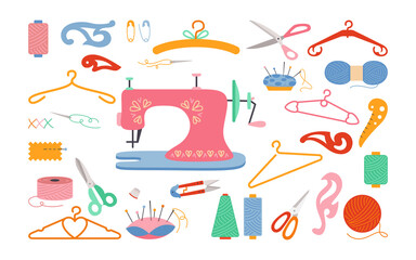 Sewing tools cartoon set, thread and scissors, yarn, needle bar, pin needle. Sewing accessories for hobby. Dressmaking needlework stitch fancywork, machine embroidery. Vector illustration