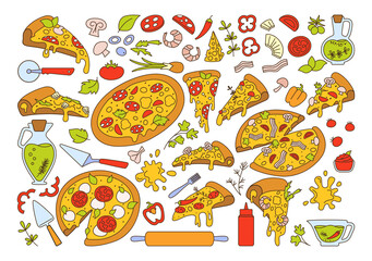 Pizza retro line cartoon set. Italian hand drawn pizzas with greens, pepper, tomato olive, cheese mushroom. Margarita and hawaiian, pepperoni or seafood. Pizza pieces and ingredients vector collection