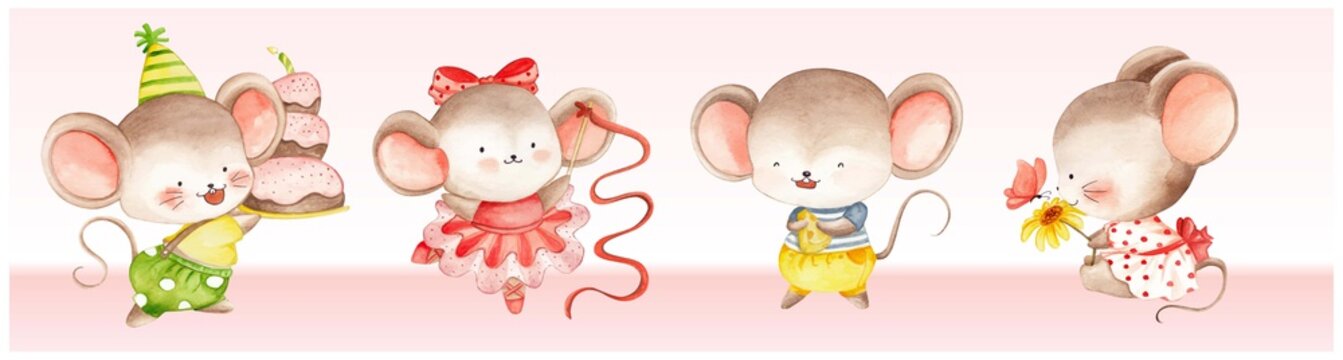 Watercolor cute mouse set