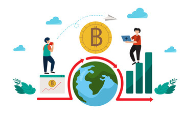 Naklejka premium Vector illustration The transfer of bitcoin digital money makes it easier to spend money in each country because of the speed and exchange of assets.