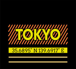 Vector graphic of lettering Tokyo and Geographic coordinates with orange stroke isolated on black background. Perfect for t-shirts design, clothing, hoodies, poster etc. Editable stroke. vector eps10.