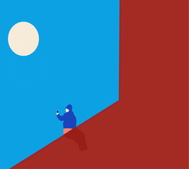 Man outdoor in the city stand on building holding instant camera, shooting moon on phone - photography, creative, artist concept. High contrast color.