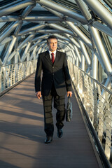 Mature delegate or businessman with black leather handbag moving down long aisle