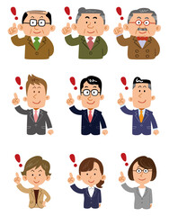 オフィスで働く人々の人差し指を立てたポーズのセット　様々な年代、性別
