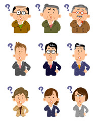 オフィスで働く人々の疑問の表情のセット　様々な年代、性別
