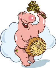 Satisfied naked man washes in a bathtub, steamed with a birch broom, holding a basin in his hands, isolated on a white background.Flat infographics. Vector illustration in cartoon style.