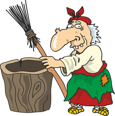 Baba Yaga holds a broom, stands near a hand-drawn stupa. Fairy character isolated on white background. Flat infographics. Vector illustration in cartoon style.