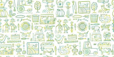 Organic Farm Seamless Pattern Background For your Design. Harvest Festival. Agriculture collection. Organic farming eco concept. Fresh products, locally grown and organic food. Farmer's Market