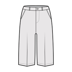 Short Bermuda pants technical fashion illustration with knee length, low waist, rise, slashed pocket. Flat walking bottom template front, grey color style. Women, men unisex CAD mockup