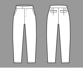 Short capri pants technical fashion illustration with mid-calf length, normal waist, high rise, slashed, flap pocket. Flat breeches bottom template front, back, white color style. Women men CAD mockup