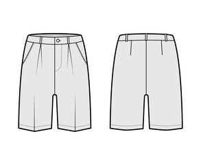 Short Bermuda dress pants technical fashion illustration with above-the-knee length, single pleat, low waist, rise, slashed pocket. Flat walking bottom front, back, grey color. Women, men CAD mockup
