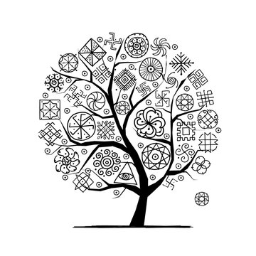 Sacred geometry, art tree. Alchemy, religion, philosophy, spirituality. Hand drawn sketch for your design