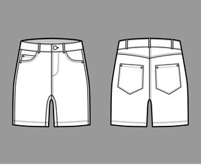 Denim short pants technical fashion illustration with mid-thigh length, low waist, rise, curved, angled 5 pockets. Flat bottom template front, back, white color style. Women, men, unisex CAD mockup