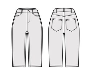 Denim short pants technical fashion illustration with knee length, normal waist, high rise, curved, coin, angled 5 pockets. Flat breeches bottom front, back, grey color style. Women, men CAD mockup